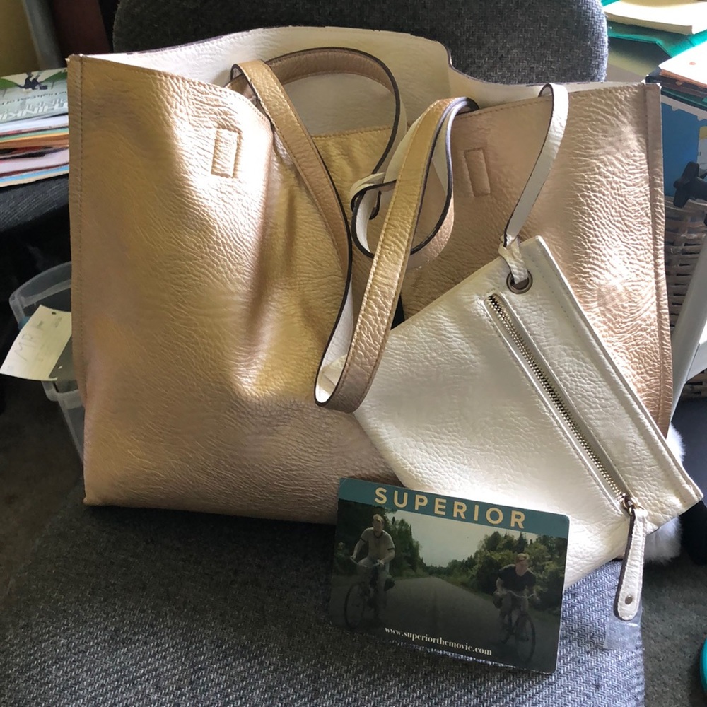 Reversible tote with make up bag